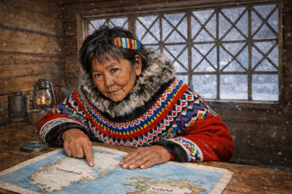 LDC Nanuq Inuit woman poring over Greenland map LANDSCAPE